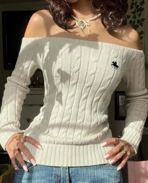 Women's Clothing 2025 Autumn and Winter Fashion Simple Off Shoulder Long Sleeved Sweater Woven with Sexy Tight and Elegant Top