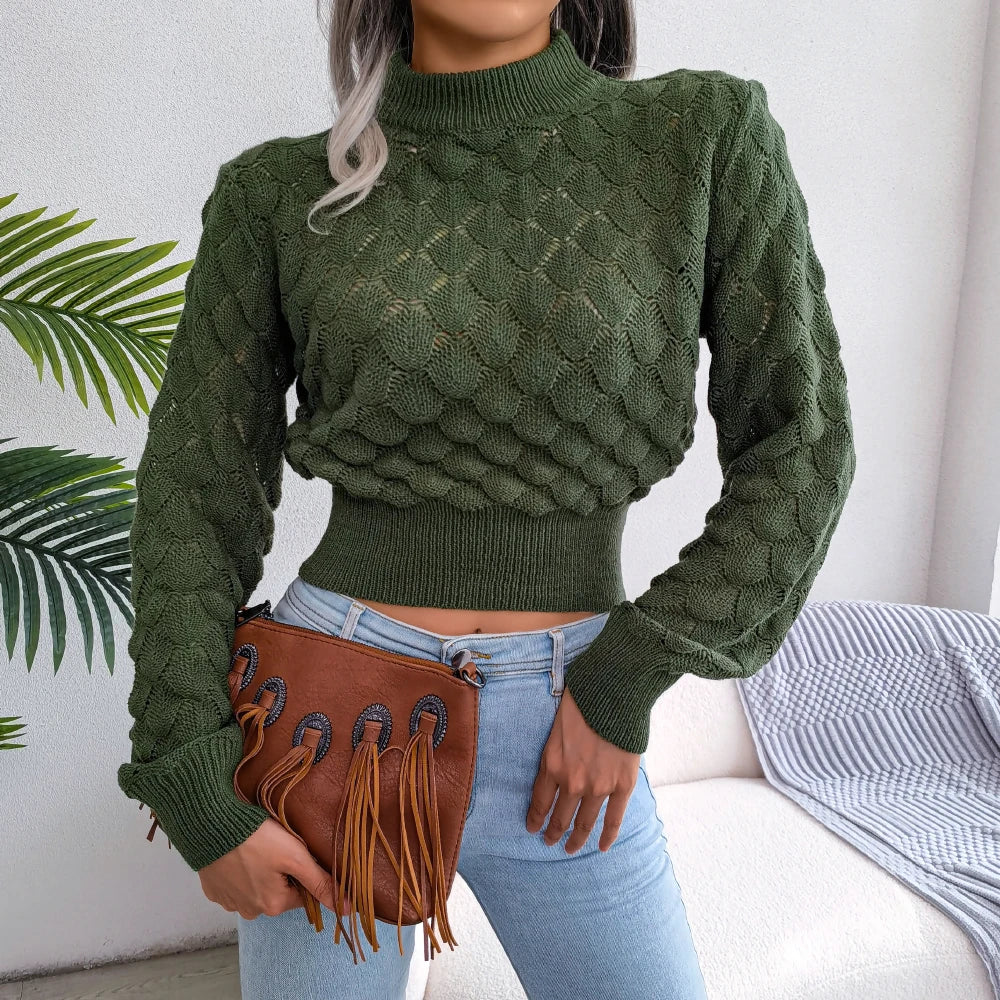2025 Autumn Winter Women Casual Hollow Out Long Sleeve Knitted Pullovers and Sweaters Crop Top
