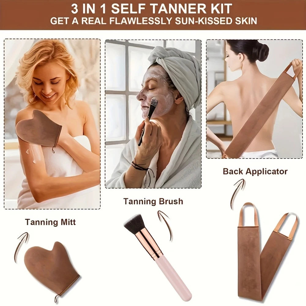 Self Tanner Kit Brush ABS Handle Universal Skin Type Reusable Tanning Mitt Applicator Set for Sunless Tanning 3-In-1