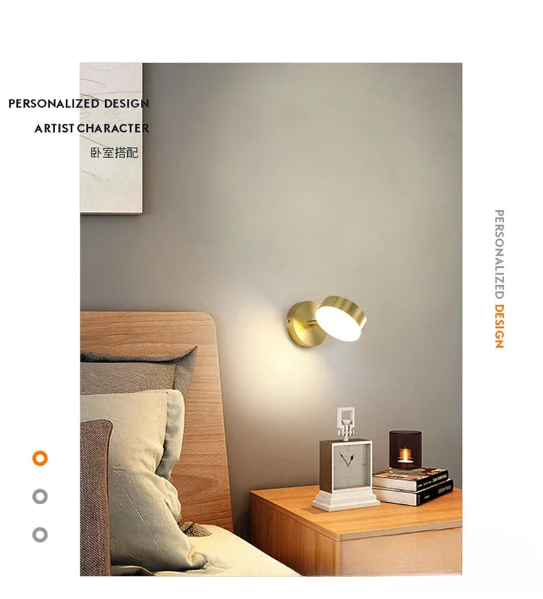 Room Bedroom Bedside Lamp Postmodern Simplicity Can Rotate Light Luxury Gold Mirror Headlight Aisle Wall Light