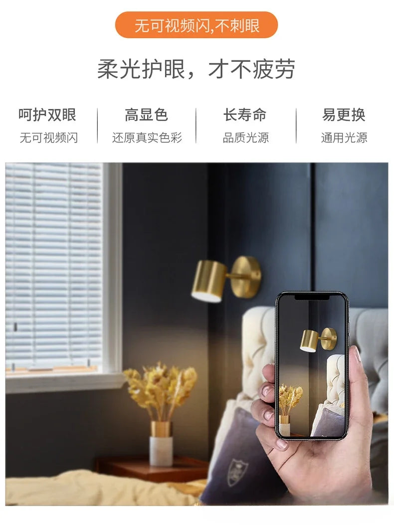 Room Bedroom Bedside Lamp Postmodern Simplicity Can Rotate Light Luxury Gold Mirror Headlight Aisle Wall Light