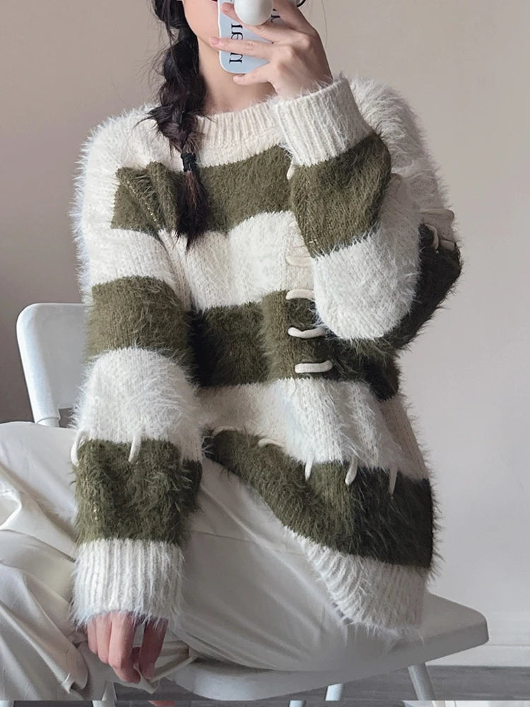Women's Long-Sleeved Round-Neck Striped Fuzzy Knitted Shirt Trendy Slouchy Style for Autumn And Winter