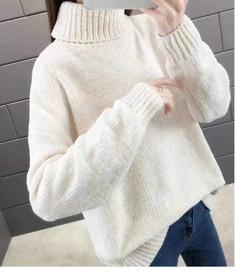 Chenille Turtleneck Sweater Women's Autumn Winter 2025 New Loose Elastic Thick Knitted Sweaters Solid Female Warm base Shirt