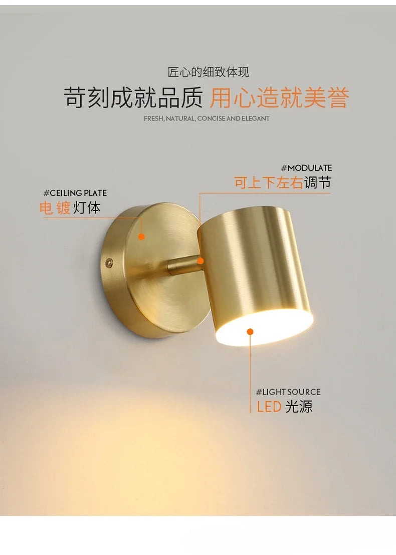 Room Bedroom Bedside Lamp Postmodern Simplicity Can Rotate Light Luxury Gold Mirror Headlight Aisle Wall Light