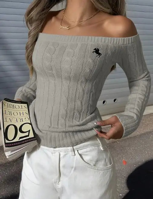 Women's Clothing 2025 Autumn and Winter Fashion Simple Off Shoulder Long Sleeved Sweater Woven with Sexy Tight and Elegant Top