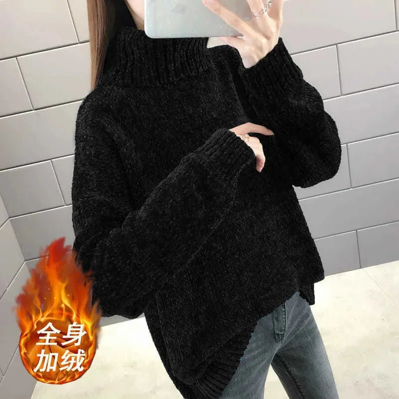 Chenille Turtleneck Sweater Women's Autumn Winter 2025 New Loose Elastic Thick Knitted Sweaters Solid Female Warm base Shirt