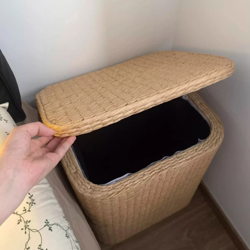 Simple Rattan Small Bedside Cabinet, Home Bedroom Multi-Function Storage Unit, Slim Movable Storage Basket