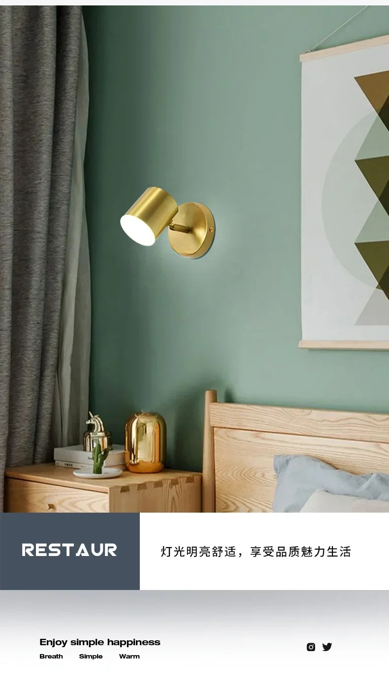 Room Bedroom Bedside Lamp Postmodern Simplicity Can Rotate Light Luxury Gold Mirror Headlight Aisle Wall Light