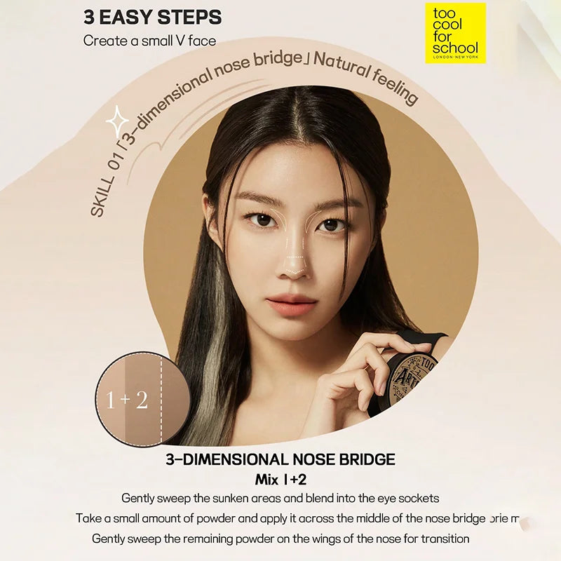 K-Beauty Matte Powder Contour Palette，with Brush, Light, Smooth, Velety Texture ,With mirror, Slimming Facial, Natural Gradation