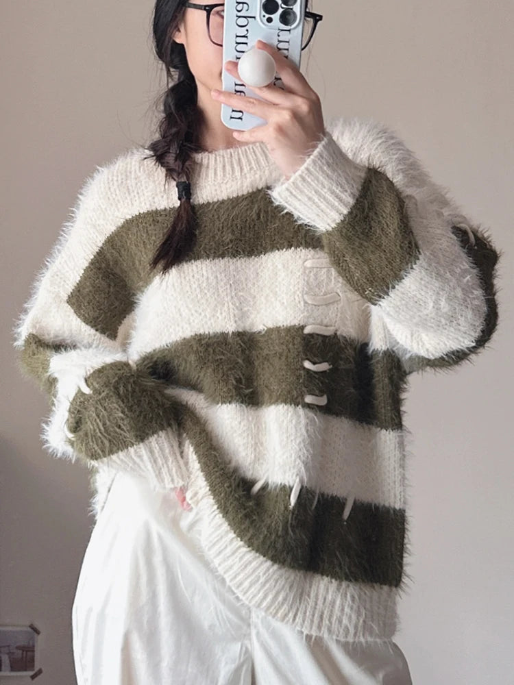 Women's Long-Sleeved Round-Neck Striped Fuzzy Knitted Shirt Trendy Slouchy Style for Autumn And Winter
