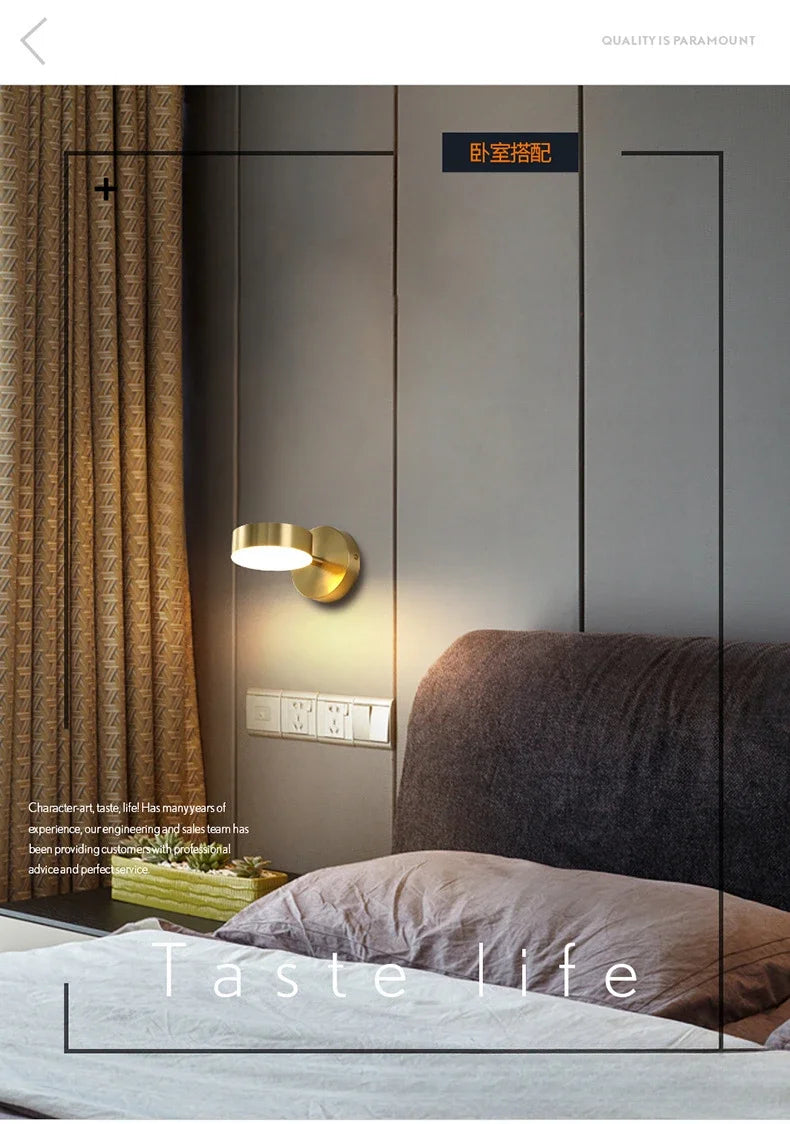 Room Bedroom Bedside Lamp Postmodern Simplicity Can Rotate Light Luxury Gold Mirror Headlight Aisle Wall Light