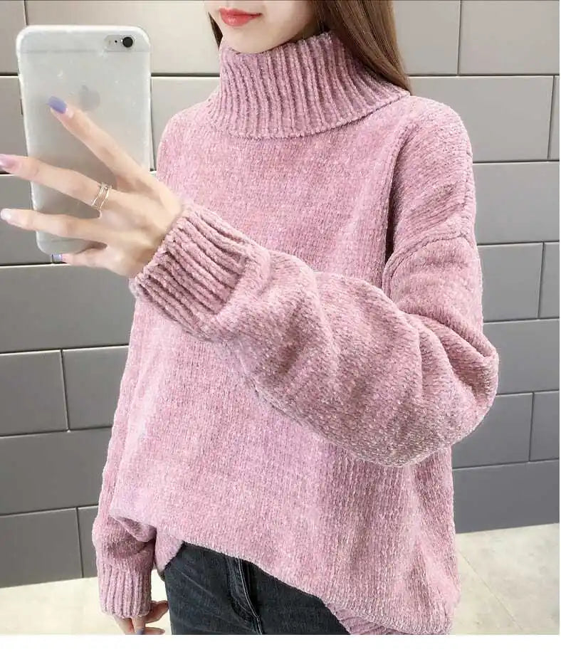 Chenille Turtleneck Sweater Women's Autumn Winter 2025 New Loose Elastic Thick Knitted Sweaters Solid Female Warm base Shirt
