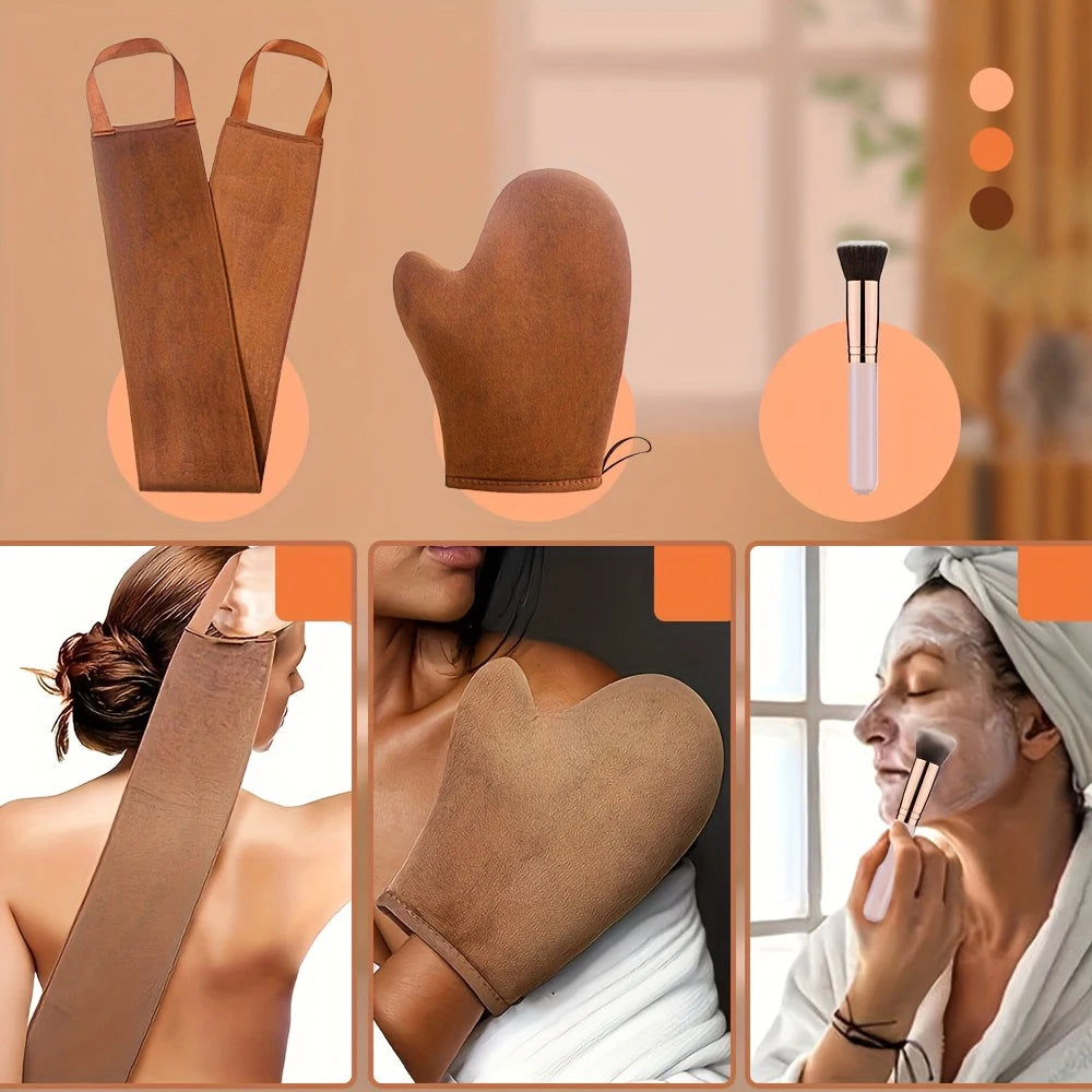 Self Tanner Kit Brush ABS Handle Universal Skin Type Reusable Tanning Mitt Applicator Set for Sunless Tanning 3-In-1