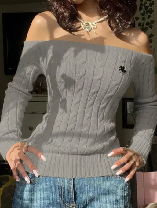 Women's Clothing 2025 Autumn and Winter Fashion Simple Off Shoulder Long Sleeved Sweater Woven with Sexy Tight and Elegant Top