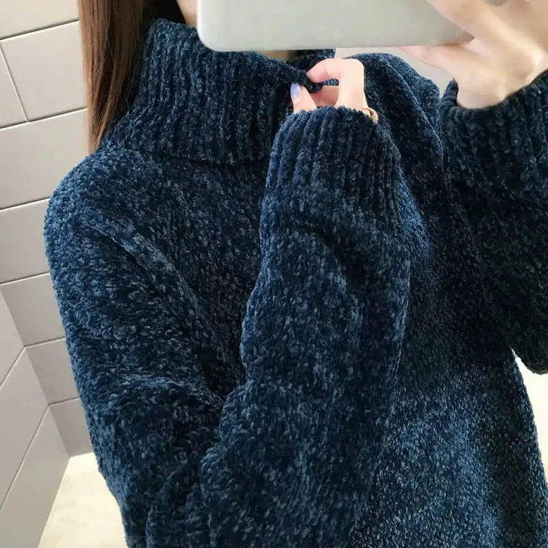 Chenille Turtleneck Sweater Women's Autumn Winter 2025 New Loose Elastic Thick Knitted Sweaters Solid Female Warm base Shirt