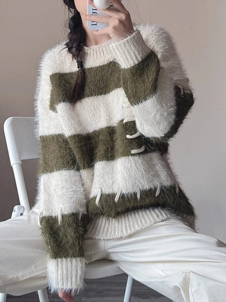 Women's Long-Sleeved Round-Neck Striped Fuzzy Knitted Shirt Trendy Slouchy Style for Autumn And Winter