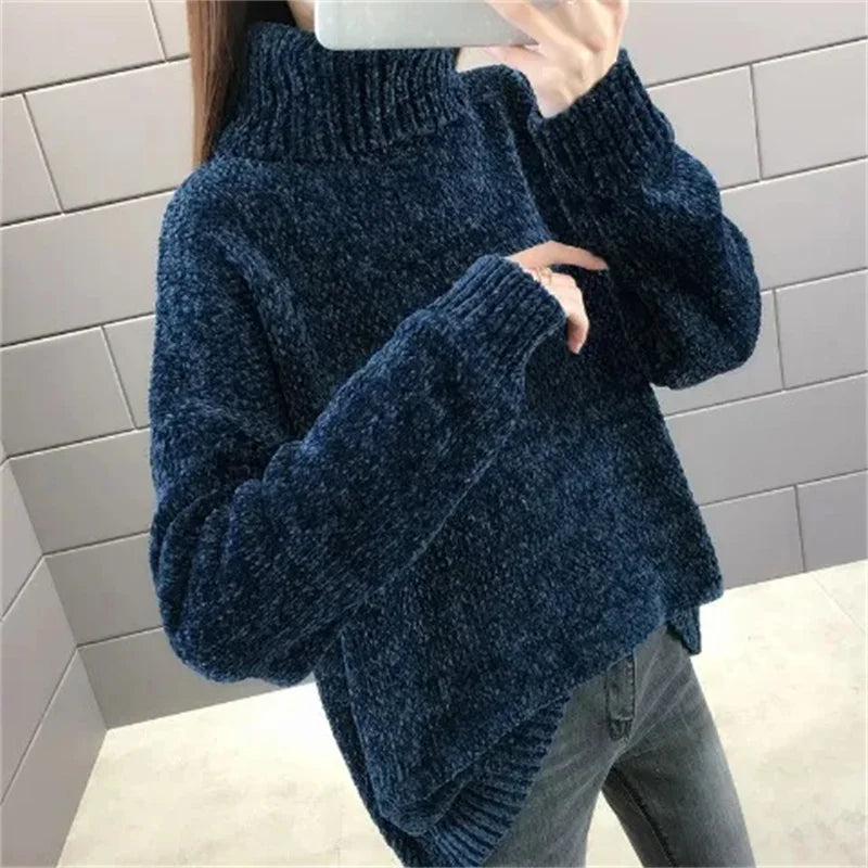 Chenille Turtleneck Sweater Women's Autumn Winter 2025 New Loose Elastic Thick Knitted Sweaters Solid Female Warm base Shirt