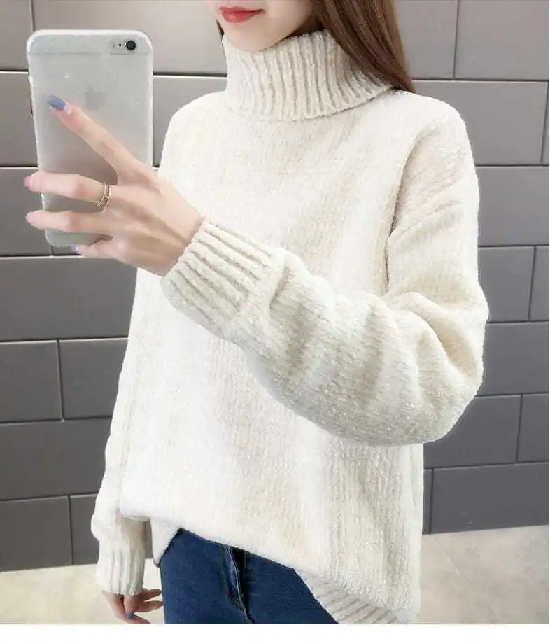 Chenille Turtleneck Sweater Women's Autumn Winter 2025 New Loose Elastic Thick Knitted Sweaters Solid Female Warm base Shirt