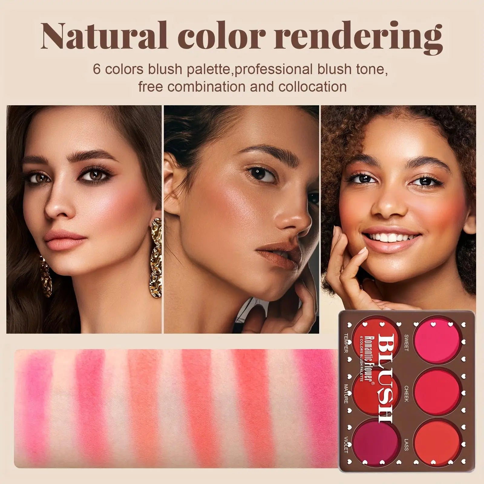 6 Colors Waterproof Matte Blush Palette Medium Buildable Coverage Long-Lasting Natural Finish Suitable for All Skin Types