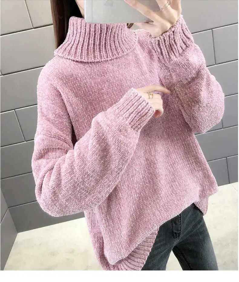 Chenille Turtleneck Sweater Women's Autumn Winter 2025 New Loose Elastic Thick Knitted Sweaters Solid Female Warm base Shirt