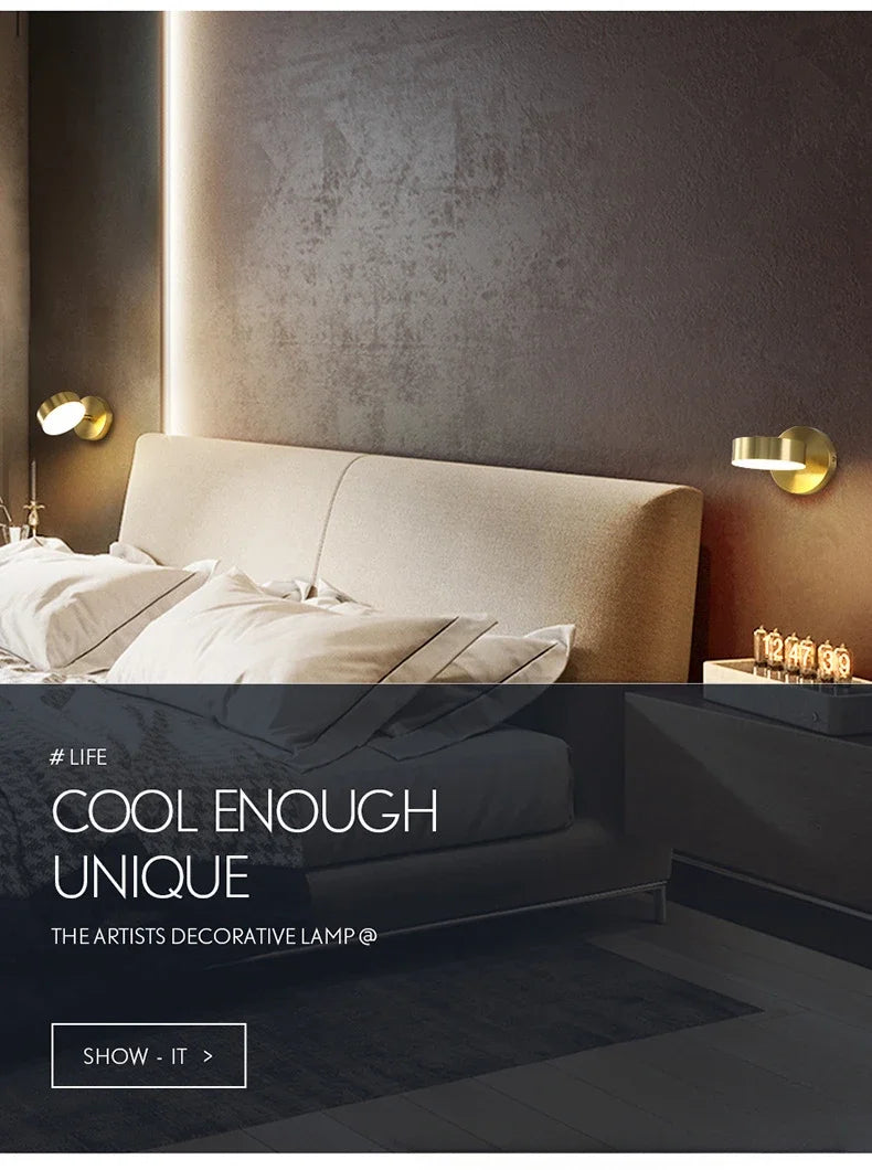 Room Bedroom Bedside Lamp Postmodern Simplicity Can Rotate Light Luxury Gold Mirror Headlight Aisle Wall Light