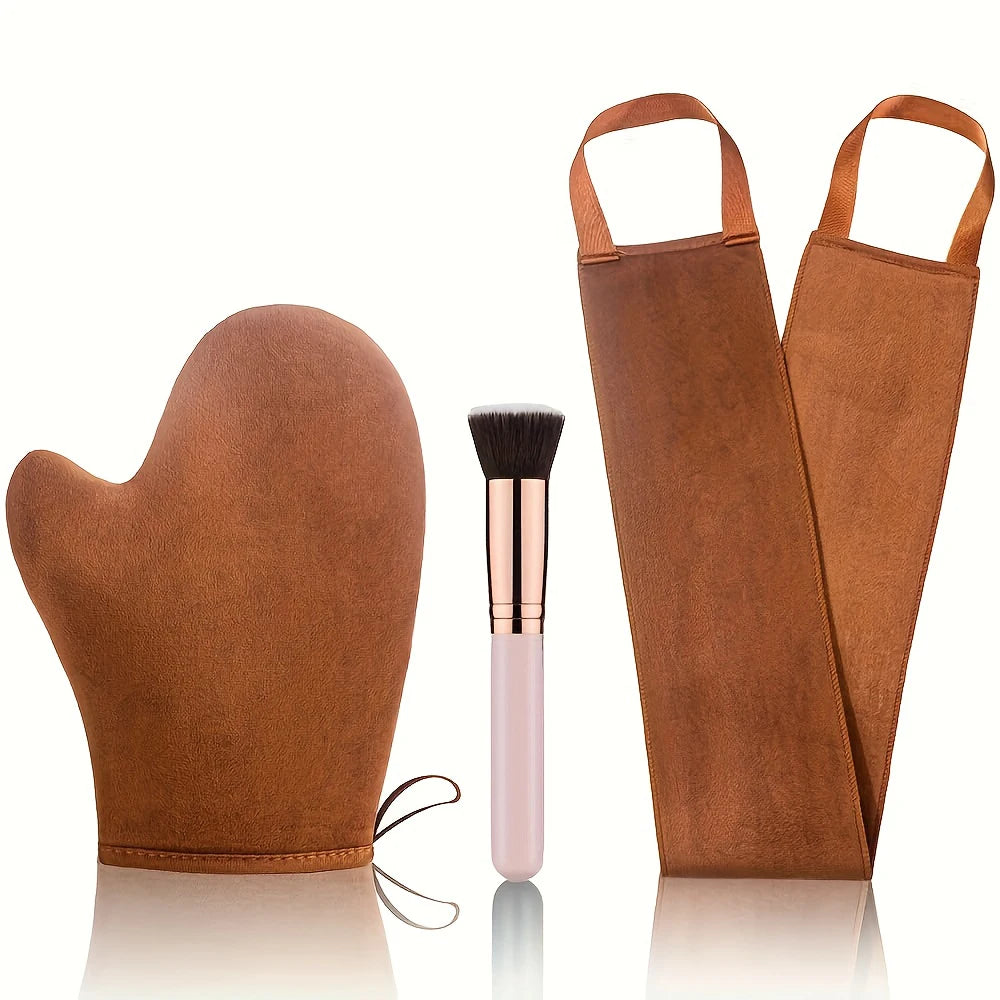 Self Tanner Kit Brush ABS Handle Universal Skin Type Reusable Tanning Mitt Applicator Set for Sunless Tanning 3-In-1