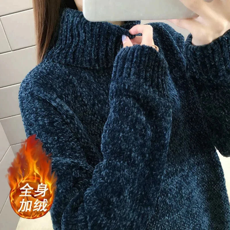 Chenille Turtleneck Sweater Women's Autumn Winter 2025 New Loose Elastic Thick Knitted Sweaters Solid Female Warm base Shirt