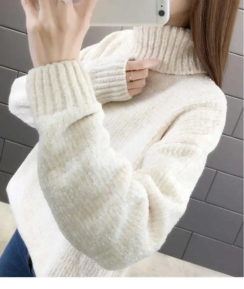 Chenille Turtleneck Sweater Women's Autumn Winter 2025 New Loose Elastic Thick Knitted Sweaters Solid Female Warm base Shirt