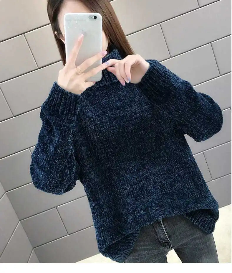 Chenille Turtleneck Sweater Women's Autumn Winter 2025 New Loose Elastic Thick Knitted Sweaters Solid Female Warm base Shirt