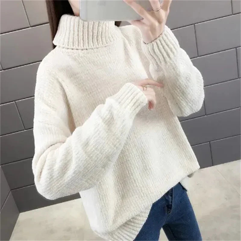 Chenille Turtleneck Sweater Women's Autumn Winter 2025 New Loose Elastic Thick Knitted Sweaters Solid Female Warm base Shirt