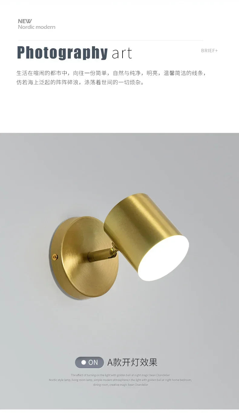 Room Bedroom Bedside Lamp Postmodern Simplicity Can Rotate Light Luxury Gold Mirror Headlight Aisle Wall Light