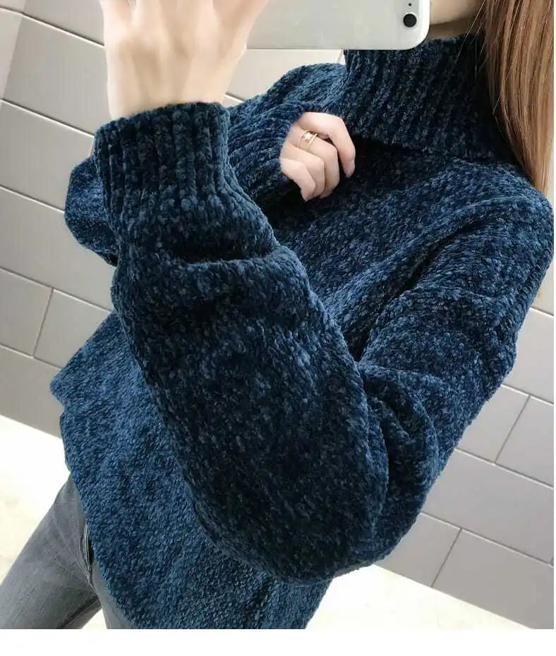 Chenille Turtleneck Sweater Women's Autumn Winter 2025 New Loose Elastic Thick Knitted Sweaters Solid Female Warm base Shirt