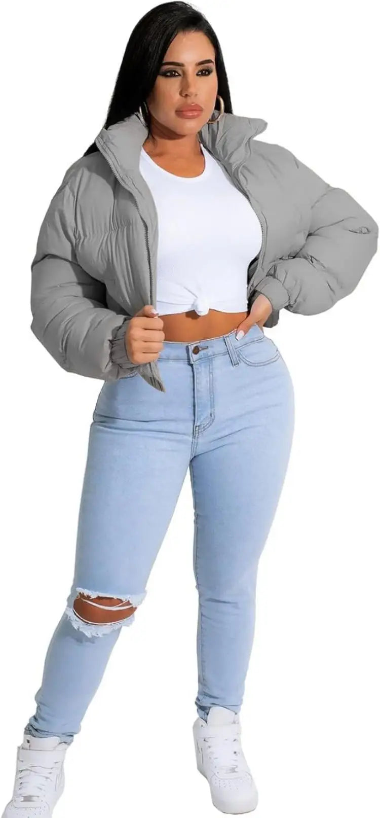 Puffer Jacket Womens Cropped Zip Casual Cotton Coat Up Padding Warm Jackets Winter Coats