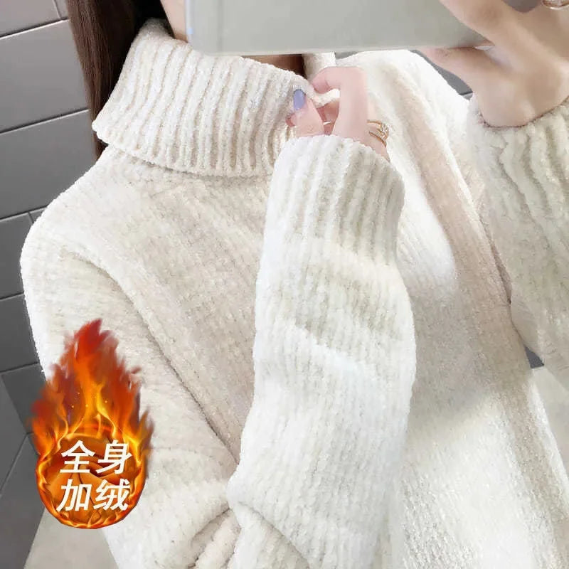 Chenille Turtleneck Sweater Women's Autumn Winter 2025 New Loose Elastic Thick Knitted Sweaters Solid Female Warm base Shirt