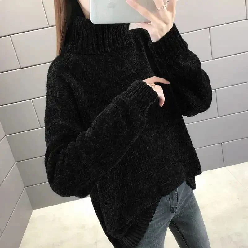 Chenille Turtleneck Sweater Women's Autumn Winter 2025 New Loose Elastic Thick Knitted Sweaters Solid Female Warm base Shirt