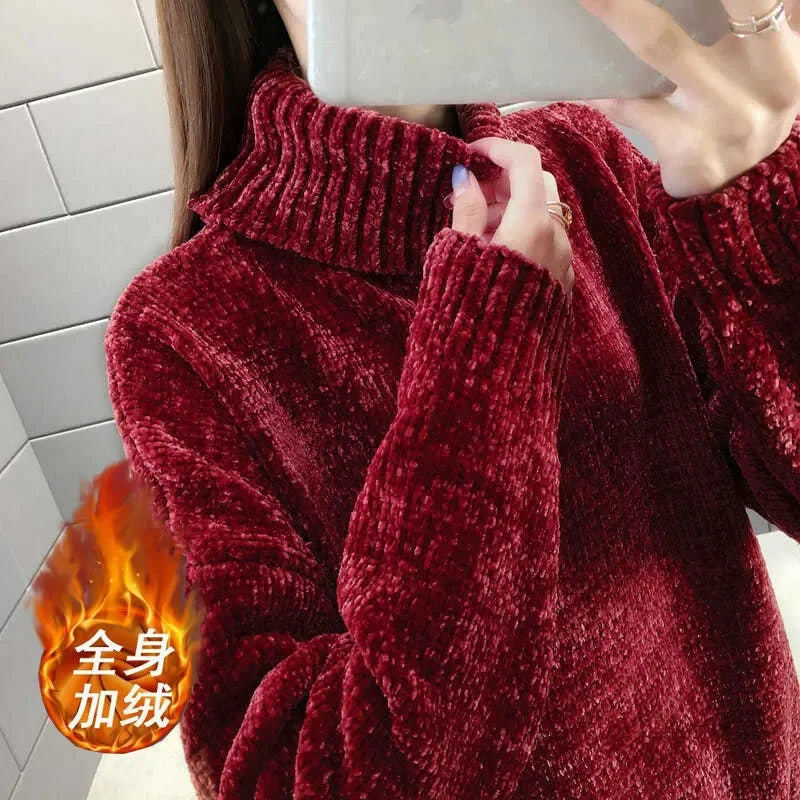 Chenille Turtleneck Sweater Women's Autumn Winter 2025 New Loose Elastic Thick Knitted Sweaters Solid Female Warm base Shirt