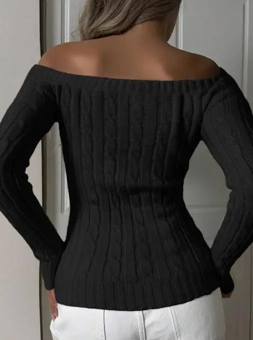 Women's Clothing 2025 Autumn and Winter Fashion Simple Off Shoulder Long Sleeved Sweater Woven with Sexy Tight and Elegant Top