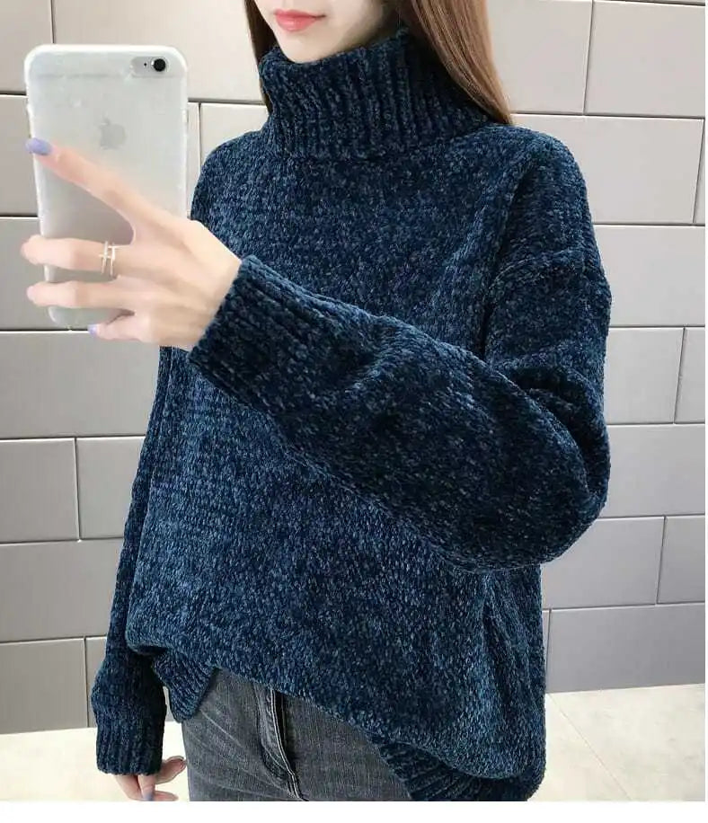 Chenille Turtleneck Sweater Women's Autumn Winter 2025 New Loose Elastic Thick Knitted Sweaters Solid Female Warm base Shirt