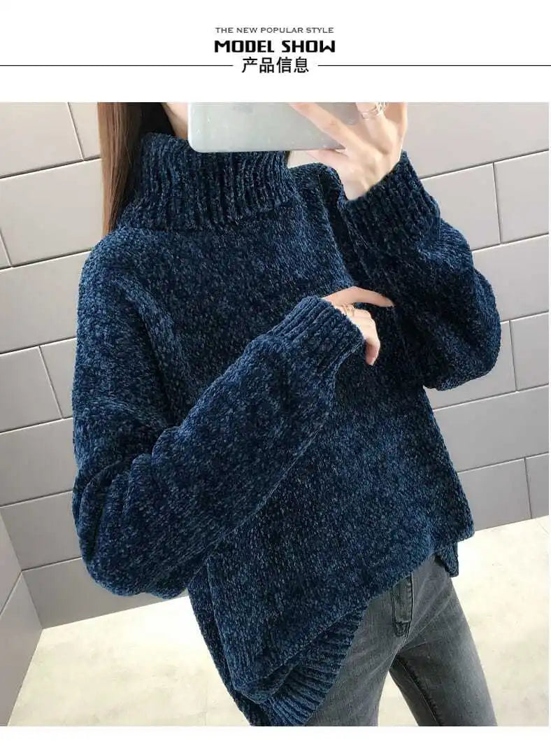 Chenille Turtleneck Sweater Women's Autumn Winter 2025 New Loose Elastic Thick Knitted Sweaters Solid Female Warm base Shirt