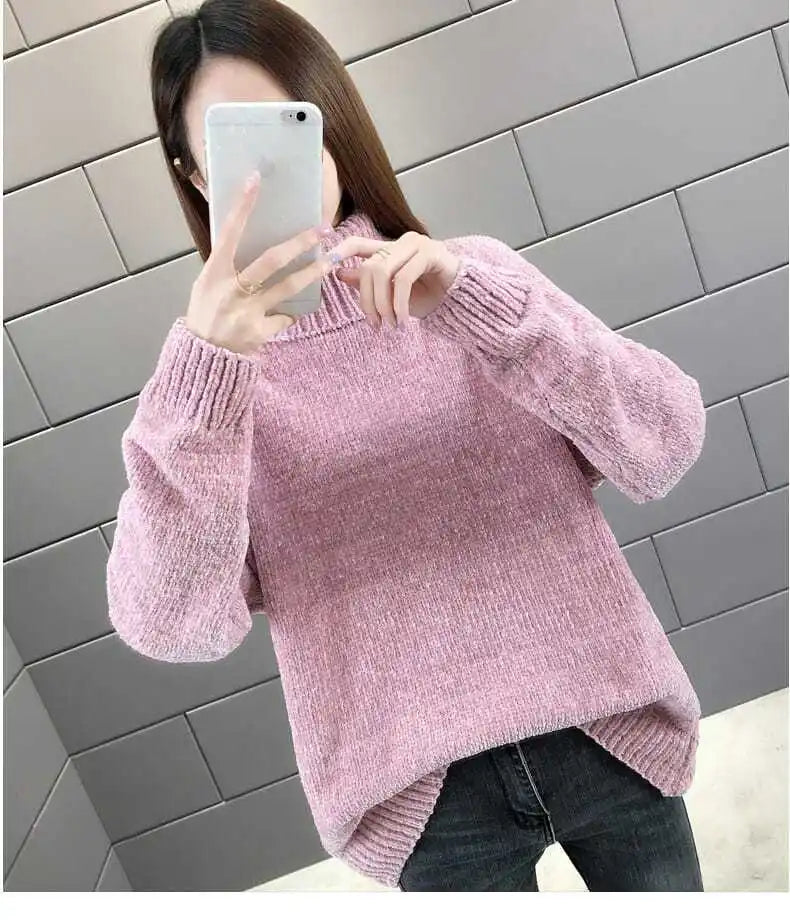 Chenille Turtleneck Sweater Women's Autumn Winter 2025 New Loose Elastic Thick Knitted Sweaters Solid Female Warm base Shirt