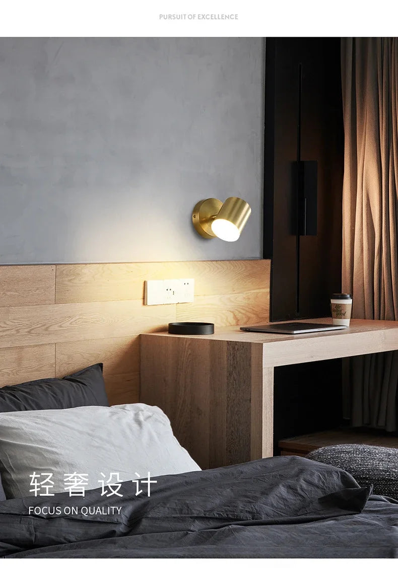 Room Bedroom Bedside Lamp Postmodern Simplicity Can Rotate Light Luxury Gold Mirror Headlight Aisle Wall Light