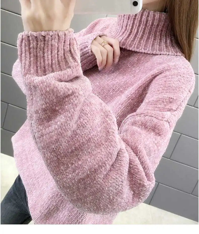Chenille Turtleneck Sweater Women's Autumn Winter 2025 New Loose Elastic Thick Knitted Sweaters Solid Female Warm base Shirt
