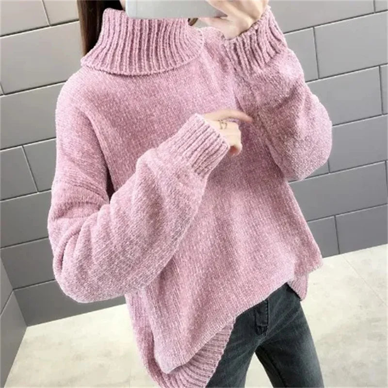 Chenille Turtleneck Sweater Women's Autumn Winter 2025 New Loose Elastic Thick Knitted Sweaters Solid Female Warm base Shirt